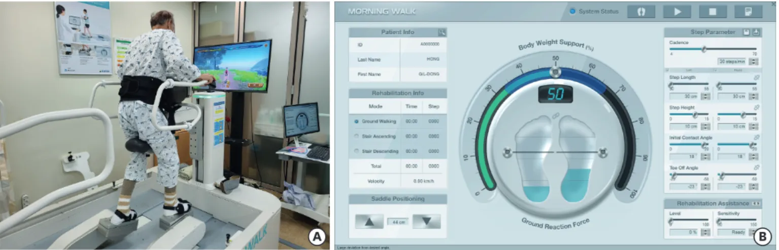 Fig. 1. (A) Morning Walk ® -assisted gait training with monitor-based virtual reality software