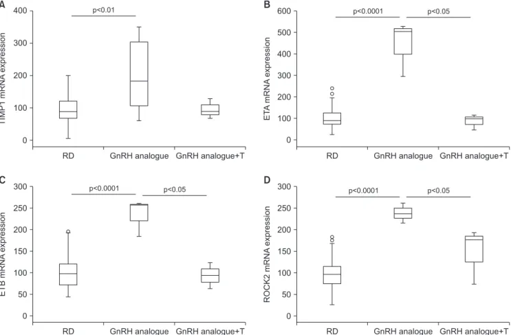 Fig. 4. Effect of two-month administration to wild type rabbits of a gonadotrophin-releasing hormone (GnRH) analogue (leuroplide) with or with- with-out testosterone (T) administration on gene expression in liver homogenates