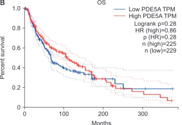 Fig. 7. Overall survival (OS) and disease-free survival (DFS) analysis  for different expression levels of phosphodiesterase A (PDE5A) gene