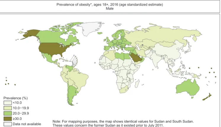 Fig. 2. Prevalence of obesity in male adults (18 years or older) according to World Health Organization (WHO) with data from 2016 (Data from  Global Health Observatory Map Gallery, WHO with original copyright holder’s permission; http://gamapserver.who.int