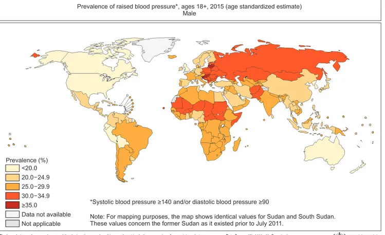 Fig. 5. Prevalence of raised blood pressure in male adults (18 years or older) according to World Health Organization (WHO) with data from 2015  (Data from Global Health Observatory Map Gallery, WHO with original copyright holder’s permission; http://gamap