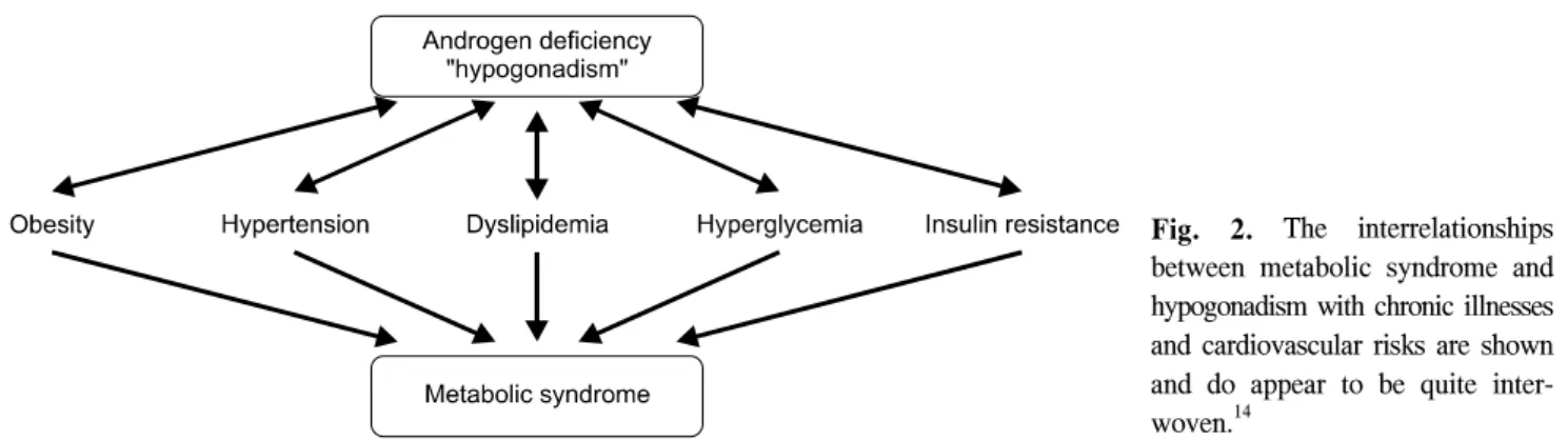 Fig.  2.  The  interrelationships  between  metabolic  syndrome  and  hypogonadism  with  chronic  illnesses  and  cardiovascular  risks  are  shown  and  do  appear  to  be  quite   inter-woven