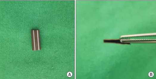 Figure 1. (A) A flat plastic straw got from  ordinary cafe. (B) The straw was cut into  1 cm and split half that resembled the  shape of “gutter”.