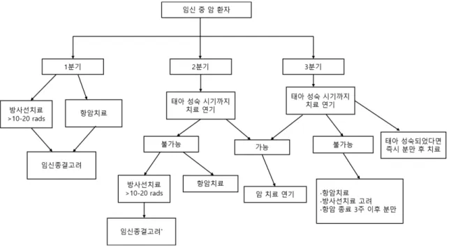 Fig. 1. Algorithm of cancer management during pregnancy. *Consider prompt delivery followed by radiotherapy if fetus is viable.