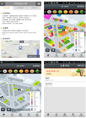 그림  5는  각  상점의  안내  페이지로  전화하기,  위치보 기,  평가하기,  단골상점  등록하기  등의  메뉴가  있음을  알  수  있었으나,  모바일  앱  전체  페이지와의  아이덴티티 (identity)에서  벗어난  서체나  컬러  사용이  아쉬움을  남겼 다