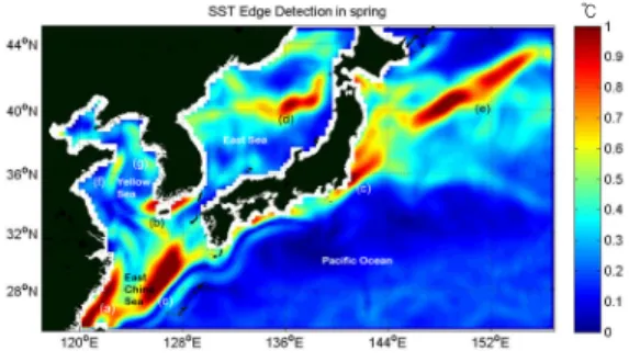 Fig.  3  Front  detection  result  in  spring  by  using  SST  data  (a)  ~  (e)  same  as  Fig