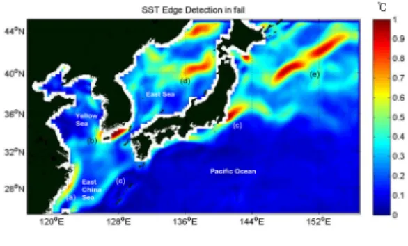 Fig.  6  Front  detection  result  in  winter  by  using  SST  data  (a)  ~  (e)  same  as  Fig