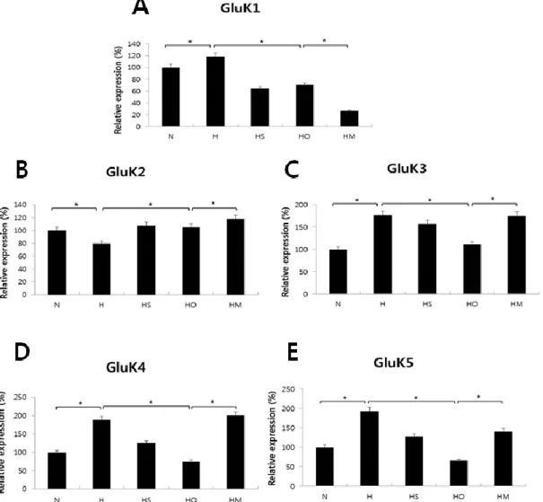 Fig. 3. Real-time PCRs of GluK1 (A; N, 100±5.5; H, 118.9±5.9; HS, 64.6±3.2; HO, 70.7±3.5; HM, 26.6±1.3), GluK2 (B; N,  100±5.1; H, 79.3±3.9; HS, 107.2±5.4; HO, 104.9±5.3; HM, 118.1±5.9), GluK3 (C; N, 100±5.4; H, 176.5±8.8; HS, 157.5±7.9; 