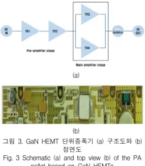 그림  3.  GaN  HEMT  단위증폭기  (a)  구조도와  (b)  정면도