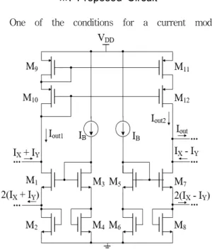Figure  4  shows  the  dual  translinear  loop  for  deriving  the  current  multiplication  using  two  translinear  loops