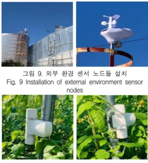 그림  10.  시설하우스  내부  센서  노드들  설치 Fig.  10  Installation  of  internal  environment  sensor  nodes