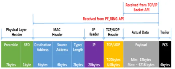Fig.  2  Different  header  size  of  ethernet  frame  returned  data  from  PF_RING  and  TCP/IP  socket  API