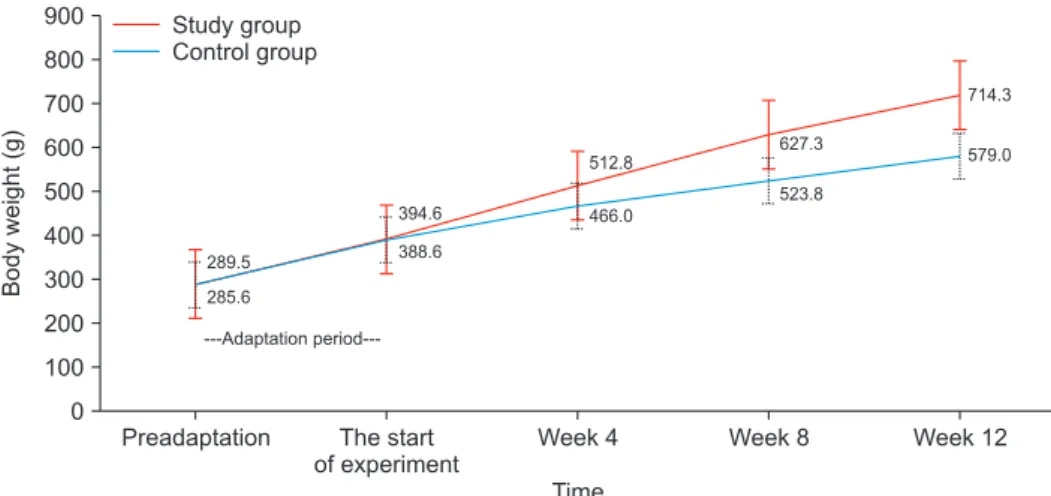 Fig. 2. The body weight course of the control group and the study (non-alcoholic fatty liver disease) group during  the experimental period