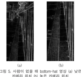 Fig.  5  Bottom-hat  transformed  images  without  person  (a)  low  position  camera  (b)  high  position  camera  그림  6의  이중  문턱화한  영상  각각에  대해  5개의  직선을  구하도록  호프  변환을  실시하였으며,  각각의  영상에서  최대  직선  길이를  계산하여  사람이나  물체 의  PSD  접근  여부를  판단하였다