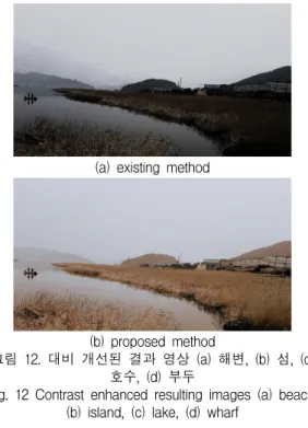 그림  12.  대비  개선된  결과  영상  (a)  해변,  (b)  섬,  (c)  호수,  (d)  부두       