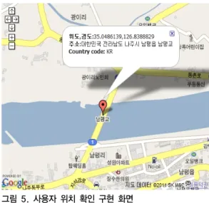 그림 5. 사용자 위치 확인 구현 화면 Fig. 5. User location based service