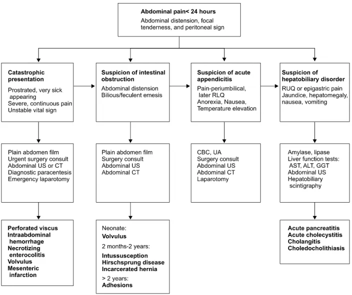 Fig. 1.  Algorithmic approach to the children with acute abdominal pain requiring urgent management