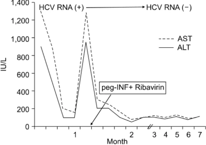 Fig.  2.  Changes  in  AST/ALT  and  HCV  RNA  under  therapy  with  PEG-IFN  and  ribavirin