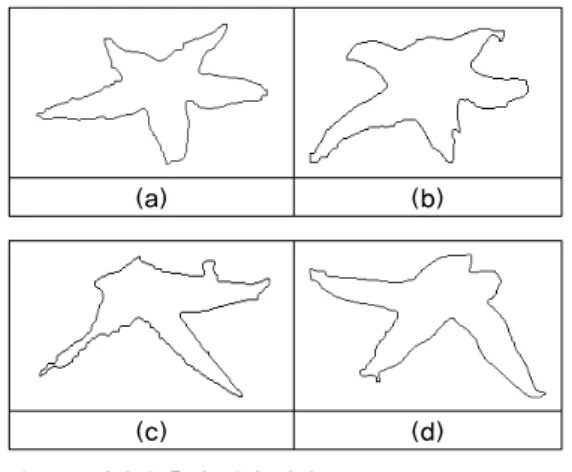 Table 7. Coordinates for a regional centrality of  Fig. 13 구분 영역  중심좌표 구분 영역  중심좌표     (a) 134 158 (c) 150 151 (b) 130 115 (d) 127 126 그림  13의  각  영상에  대해서  6-방향  스캐닝을  이용하 여  후보  볼록점을  추출한  후  임계  범위를  이용하여  최종  볼록점을  계산한  결과는  표  8과  같다