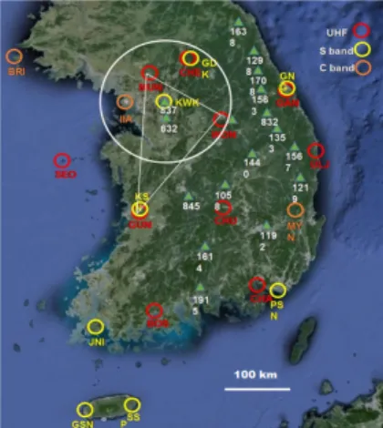 Fig.  1  Weather  radars  and  UHF  profiler  networks.  The  white  triangle  and  circle  stand  for  the  comparison  zone
