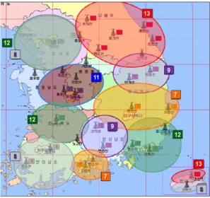 Fig. 2. Allocation situation of Korean T-DMB          channel (current) 권역 지역  방송 서울.경기 지역 (송신소) 서울 (관악산) 경기 (광교산) 인천 (수봉산)  -매체수 21 1 2  -강릉.강원 지역 (송신소) 강릉 (괘방산) 원주 (백운산) 춘천 (대룡산) 삼척 (초록봉) 매체수 11 7 11 6 대전.충청 지역 (송신소) 대전 (식장산) 청주 (우암산) 충주 (가엽산)  -매체수 10 9