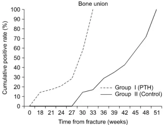 Fig. 3. Comparison of cumulative detection rate curves on a  time-dependent graph for the bone union in group I and II