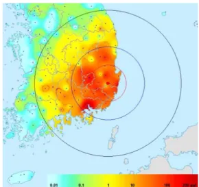 그림 2. 9월 12일 발생한 경주 지역 지진 강도 표시도(한국지질자원연구원 공개 자료) Fig. 2 Earthquake strength of kyeung-ju city