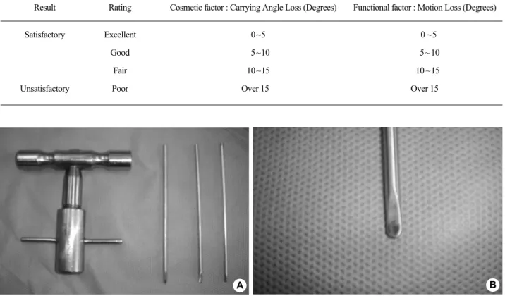 Fig. 1. (A, B) Clinical photographs show pins and handle.