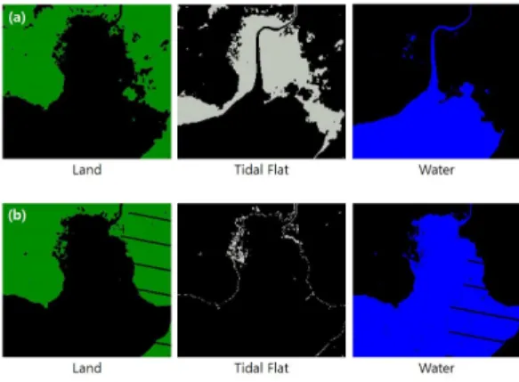 그림  3.  Landsat  7  ETM+  영상(4번  밴드)  (a)2010년  07월  07일  간조  (b)2010년  09월  25일  만조 Fig