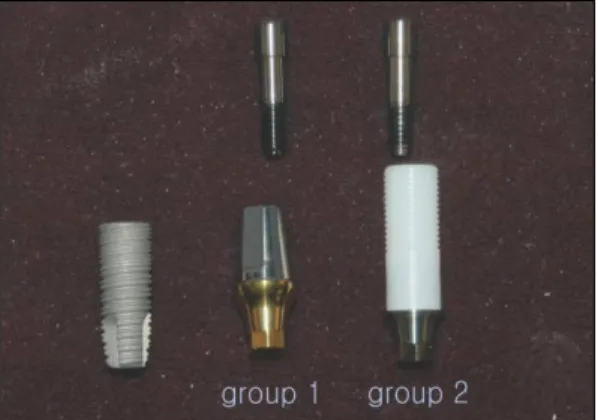 Fig. 1. Internal hexagonal implants, abutments and abutment screws (group 1: Titanium abutment, group 2: UCLA-type  abut-ment)