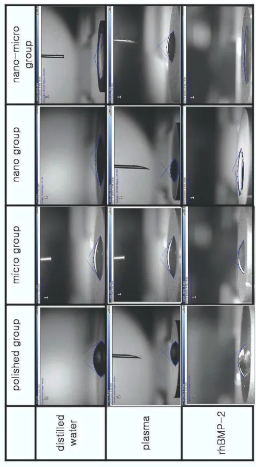 Fig. 5. Contact angle measurement by image analysis system with distilled water, plasma and rhBMP-2 solution.