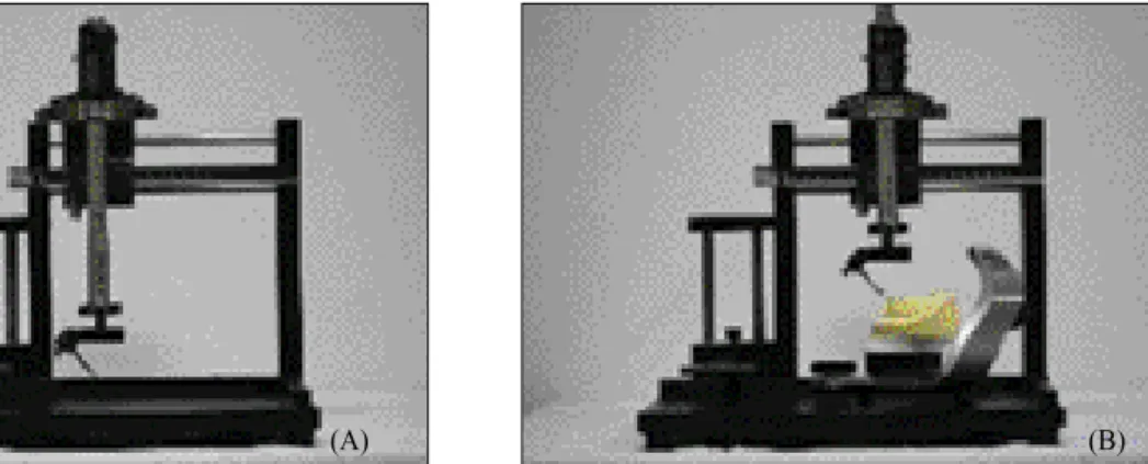 Fig. 1. Customised 3-axis measuring machine (A) and measurement of vertical &amp; horizontal distances between referance points (B).