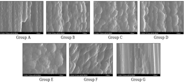 Fig. 5. FE-SEM micrographs showing coating surface of each group after the repeated closing and opening(×500,000).