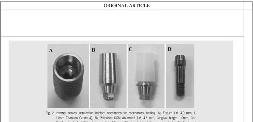 Fig. 2. Internal conical connection implant specimens for mechanical testing. A; Fixture (Ø 4.0 mm, L 11mm Titanium Grade 4), B; Prepared CCM abutment (Ø 4.5 mm, Gingival height 1.0mm,  Co-Cr-Mo alloy), C; UCLA abutment (Ø 4.5 mm, Gingival height 1.0mm, go