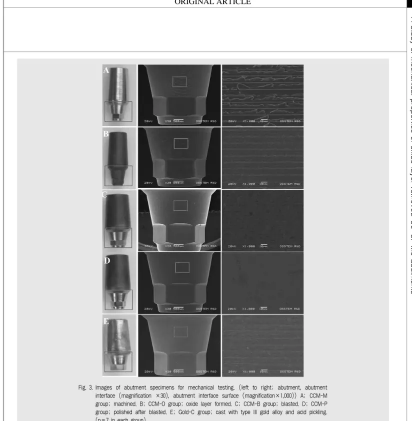 Fig. 3. Images  of  abutment  specimens  for  mechanical  testing.  (left  to  right;  abutment,  abutment interface  (magnification  ×30),  abutment  interface  surface  (magnification×1,000))  A;  CCM-M group; machined