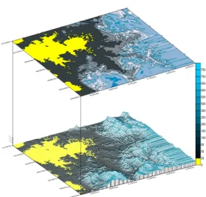 그림  5.  모델링  지역의  등고선도  및  3D  도면 Fig.  5  Contour  map  and  3D  map  of  modeling  area