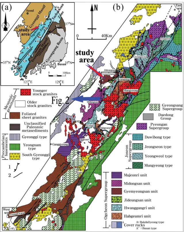 Fig. 1. (a) Tectonic province maps of the Korean Peninsula, and (b) geological map showing the division of stratigraphic sequences and structural units in the Ogcheon Belt with the locality of study area (Kang et al., 2012b)