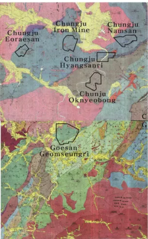 Fig. 2. The locality of study area in the Chungju (Kim and Lee, 1965) (upper C) and Goesan (Lee and Kim, 1972) (lower G) sheets (1: 50,000)