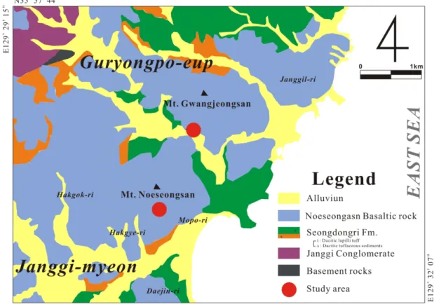 Fig. 1. Geological map around Mt. Noeseongsan, showing study area of the present study (Kim et al., 2011).