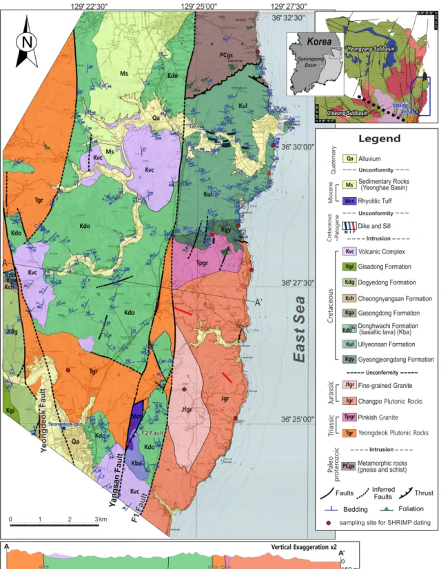 Fig. 1. Detailed geological map of the study area with sampling sites for age dating.