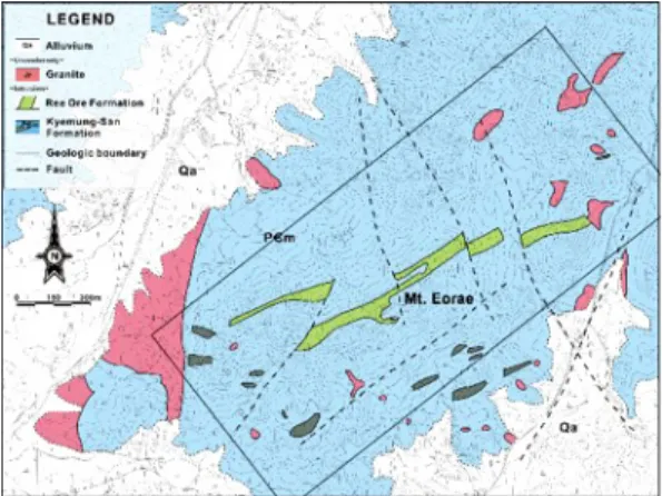 Fig. 9. Distribution diagram of the REE ore formation in the Eoraesan area, Chungju (modified after Oh  et al., 1988).