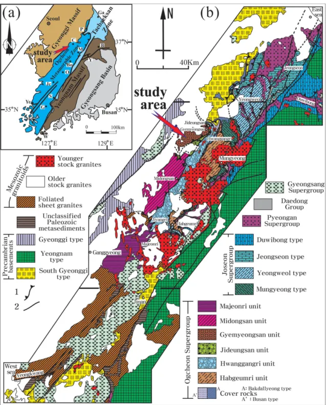Fig. 1. (a) Tectonic province maps of the Korean Peninsula and (b) geological map showing the division of stratigraphic sequences and structural units in the Ogcheon Belt with the locality of study area (adapted from Kang et al., 2017)