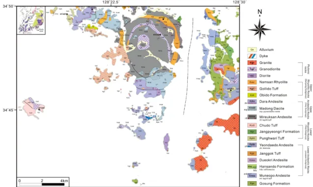Fig. 1. Geological map around Mireukdo, showing sample locations of the present study.