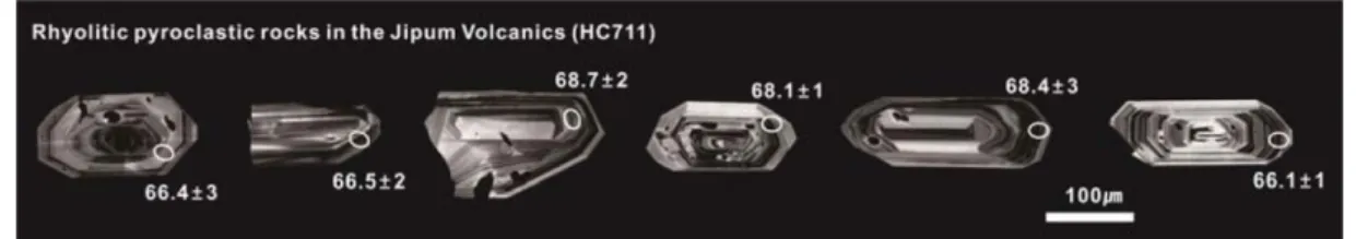 Fig. 5. Representative Cathodoluminescence images of the analysed zircon grains, showing the location of analytical spots and  206 Pb/ 238 U ages in Ma, separated from the rhyolitic pyroclastic rocks (HC711) in the Jipum Volcanics.