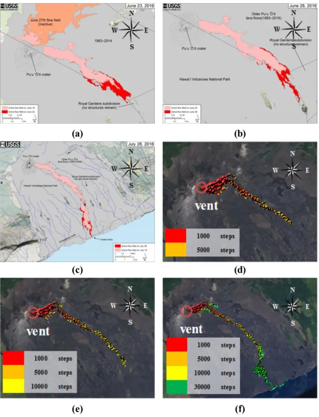 Fig. 3. Observed temporal evolution of lava flow emplacement and simulated lava flows on the Pu'u'O'o crater.