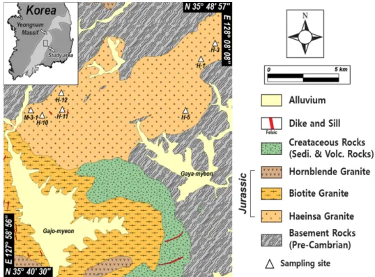 Fig. 1. Geological map of the study area (modified after Kim and Kim, 1970; Choi and Kwon, 1970; Choi et al., 2006).