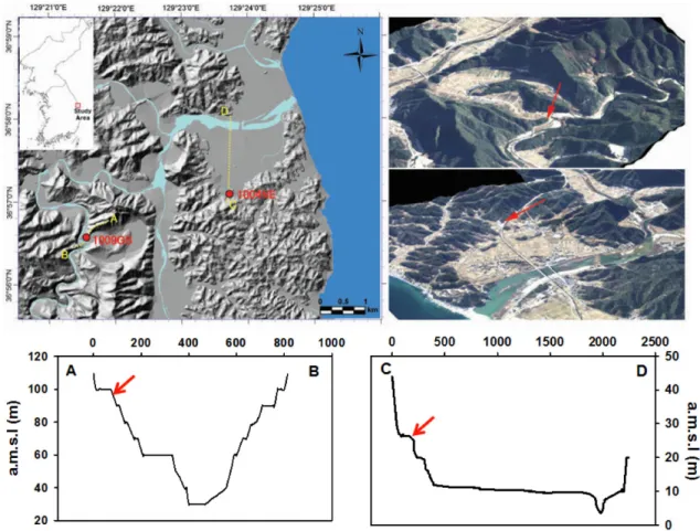Fig. 1. Maps showing the location of the sampling points and profiles (Yellow dashed lines, A-B and C-D).