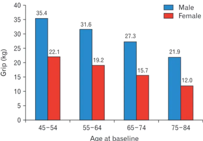Figure 1. Mean grip strength by age groups at baseline.