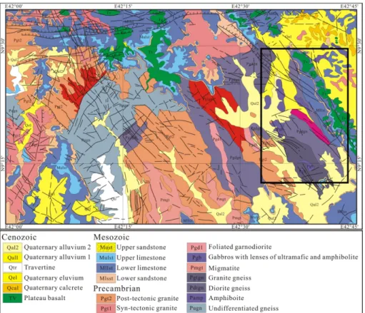 Fig. 2. Geologic map around Harar and Jijiga in the northeastern Ethiopia. Surveyed area is boxed and located around Site 1 (See Fig