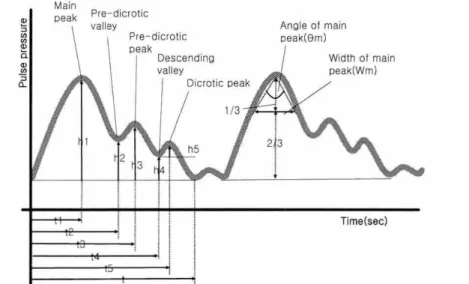 Fig. 1. Naming of pulse wave variables.2. 방법1) 검사 측정 방법대상자는 맥파 검사를 위해 5분 동안 충분히 안정을 취했으며 맥진기 측정은 앉은 상태에서 양측 손목 관부(關部)를 측정하였다